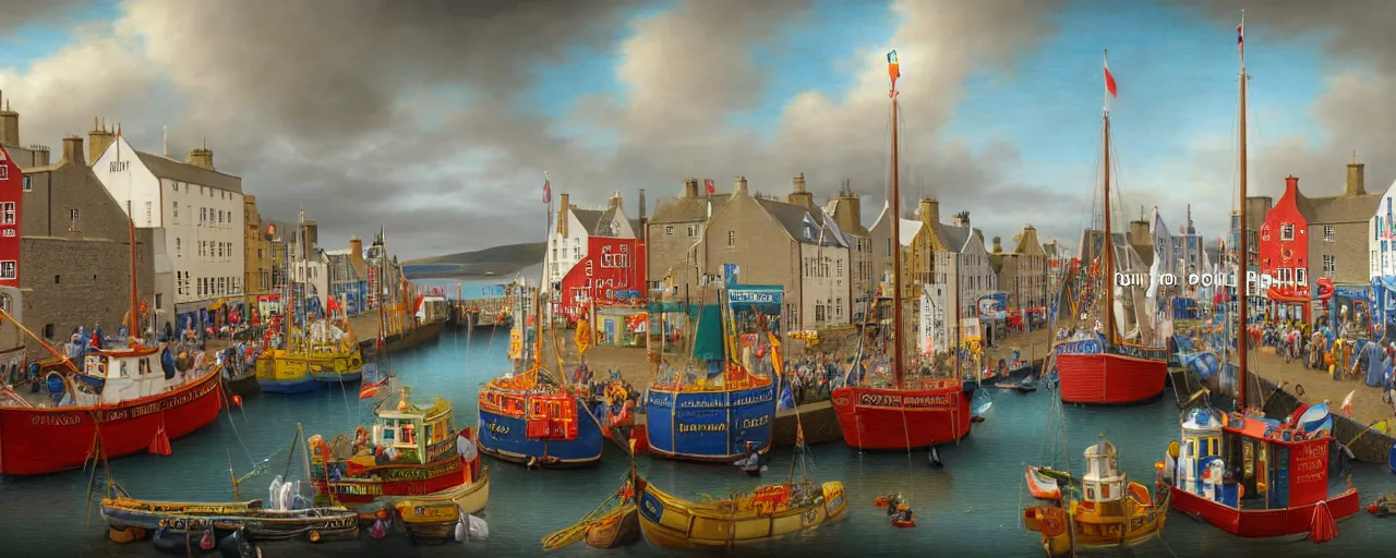 Prompt: a miniature diorama of the harbour at stromness orkney during shopping week, by kevin sloan, colorful, busy crowds, fish market stalls, fairground rides, boats, calm sea, dutch masters, very detailed, octane render, cinematic lighting, 8 k, hd