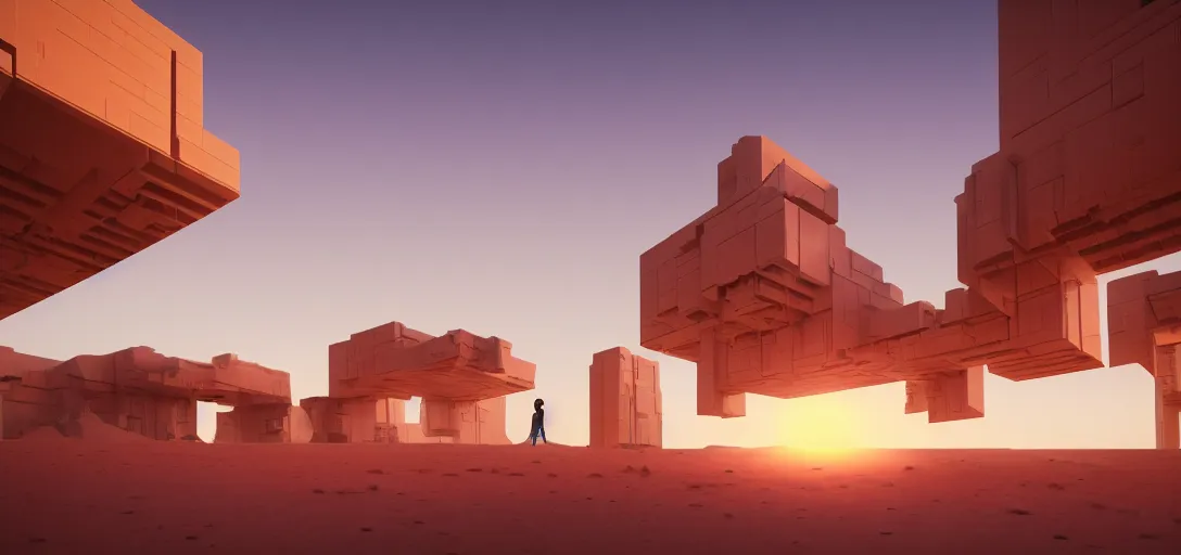 Image similar to view from the desert ground of futuristic blocky brutalist structure at dusk, the sun has just set, glowing heat haze, mirage, light rays, symmetry, cinematic lighting, ultra detailed, sharp, ambient occlusion, bloom, raytracing, by greg rutowski, finnian macmanus and jessica rossier