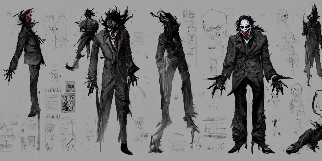 Image similar to scary the joker, character sheet, concept design, contrast, kim jung gi, greg rutkowski, zabrocki, karlkka, jayison devadas, trending on artstation, 8 k, ultra wide angle, pincushion lens effect