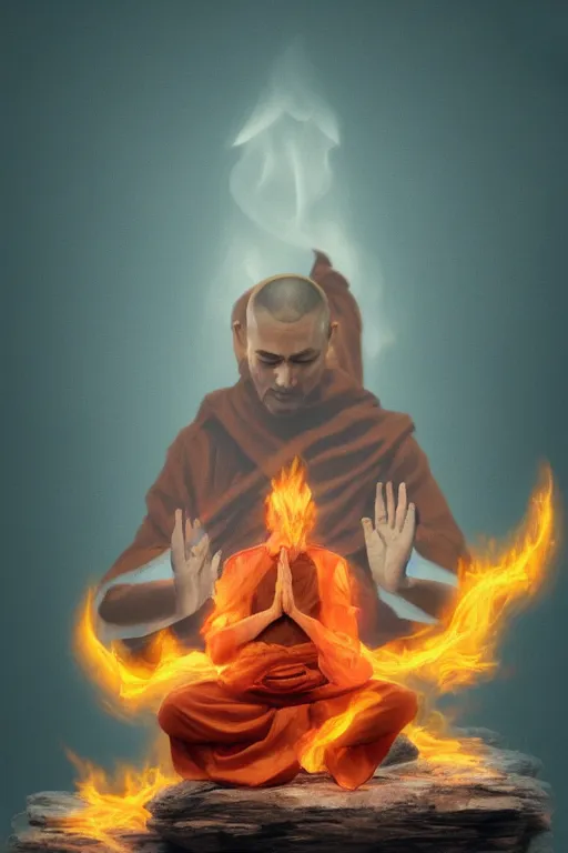 Image similar to A meditating monk on fire , Trending on artstation.