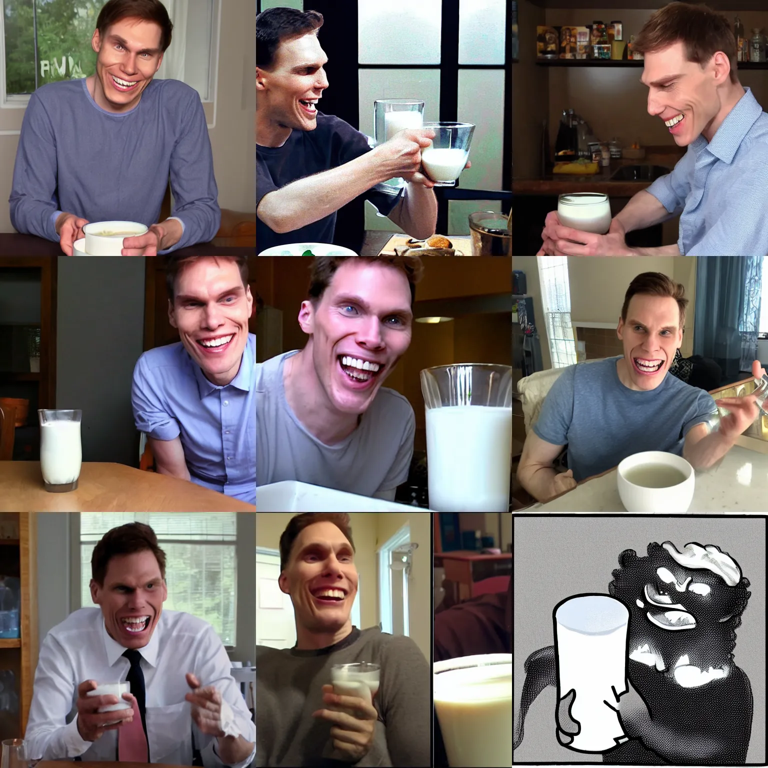 Prompt: Jerma laughing at a glass of milk