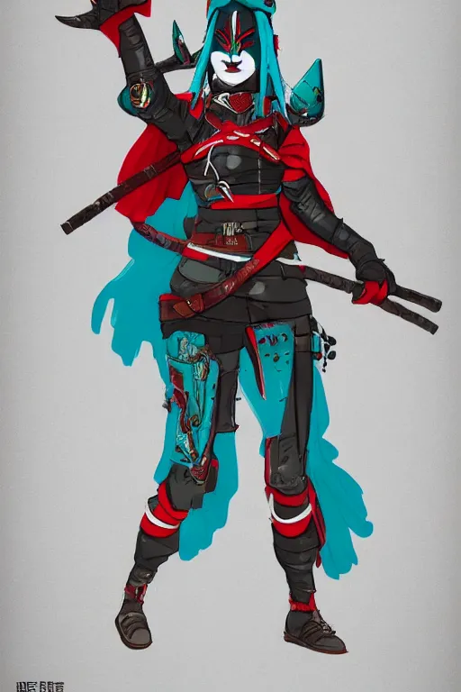 Image similar to female adventurer in tight full - body teal leather armor of japanese design with red accents and a white porcelain crow mask, trending in artstation, japanese, artstation, establishing shot