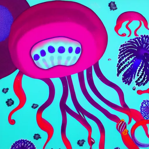 Image similar to jellyfish beach jungle red blue purple explosion