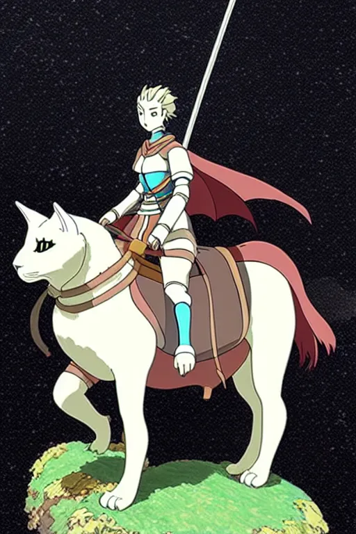 Image similar to female knight riding a weird giant cat, finely detailed features, by studio ghibli