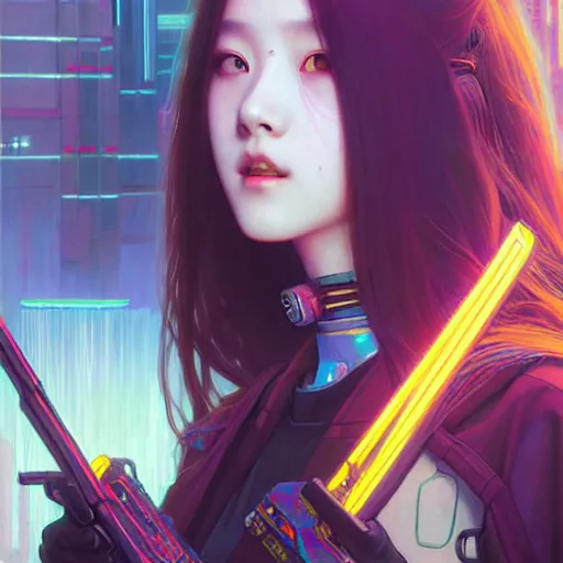 Image similar to painting of cyberpunk chuu loona kpop smiling cheerfully and fixing her black katana, ultra realistic, concept art, intricate details, eerie, highly detailed, photorealistic, octane render, 8 k, unreal engine. art by artgerm and greg rutkowski and magali villeneuve and alphonse mucha