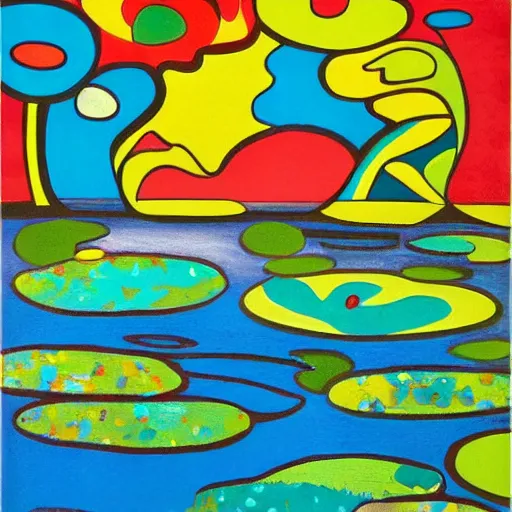 Prompt: intuitive tonalism by alice rahon, by romero britto. a peaceful installation art that shows a pond with water lilies floating on the surface. the colors are soft & calming, & the overall effect is one of serenity & relaxation.