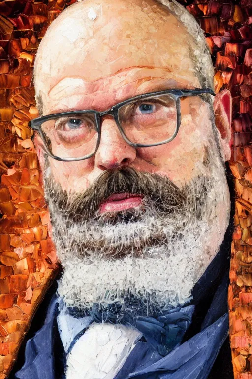 Prompt: palette knife oil painting of professor clay, middle - aged, thickset, barrel chest, voluminous, salt - and - pepper beard. eyes smolder like embers. dress shirt and suspenders, sleeves rolled, tie loosened. extreme detail. artstation trending, artgerm, deviant art, octane, substance, art history 8 k