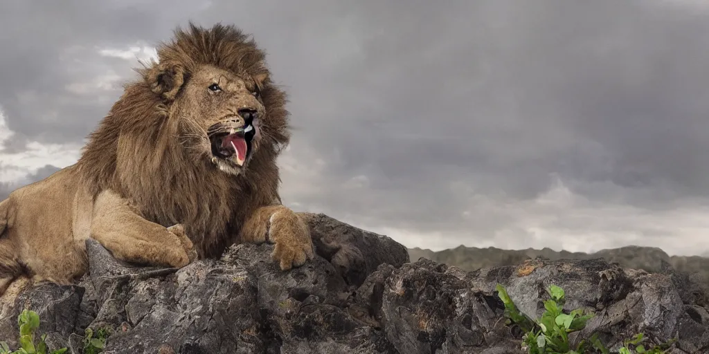 Image similar to hyperrealistic photo of a lion roaring on top of a rock over looking the jungle, 8 k