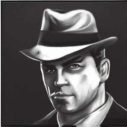 Prompt: /noir portrait of detective wearing a black hat, mafia, gangster, photoreal, dramatic lighting, old movie