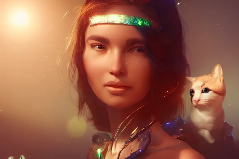 Image similar to a beatiful woman with a kittie, lens flare, atmosphere, glow, detailed, intricate, full of colour, cinematic lighting, trending on artstation, 4k, hyperrealistic, focused, extreme details, unreal engine 5, cinematic, masterpiece