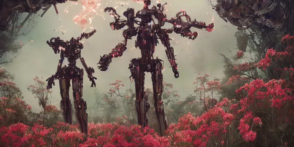 Prompt: a female saints as daffodils made of mecha is flying in the fantasy forest by merriam, daniel, intricate mechanical details, futuristic, 2 k aesthetic, dramatic lighting, concept art, 4 k, 3 d octane render, pink and red colors, provenance, detailed, trending on artstation