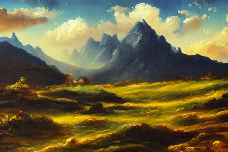 Image similar to a beutiful oil painting of a landscape, dramatic lighting, clouds in the sky, mountains