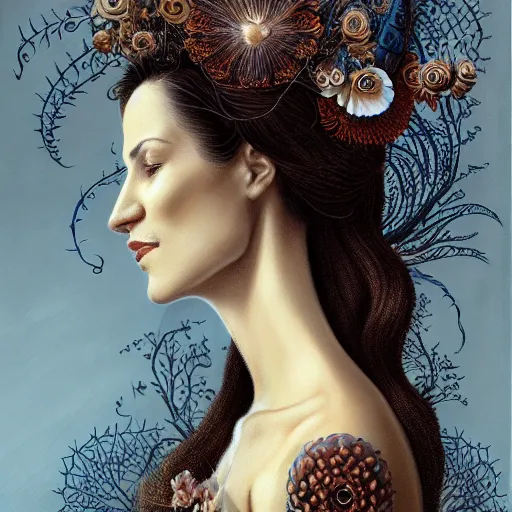 Image similar to facial portrait of a young pretty woman in flowing dress, arrogant, mysterious, long fine flowing hair, delicate, looking at camera, slightly awkward smile, realistic face, hands behind back, intricate, stylish, elegant, grimdark fantasy, flowers, extremely detailed painting inspired by Gerald Brom and Ernst Haeckel and Greg Rutkowski