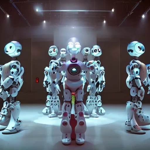 Image similar to a wide - angle dreamscape where robots are learning to perform a dance. the robots are dressed up in a piece of linen. the sun is shining