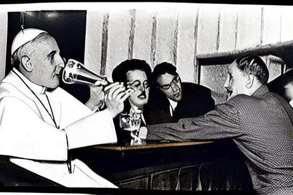 Prompt: a 1 9 5 0 s photo of the pope drinking at a bar