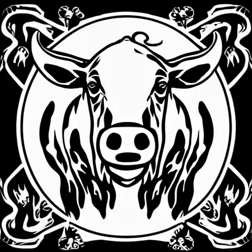 Image similar to antichrist, cow, pig, sheep, chicken, white on black vector ink drawing