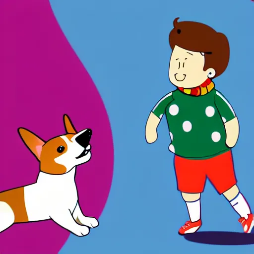 Image similar to illustration of boy playing football with a corgi wearing a polkadot scarf on the streets of paris