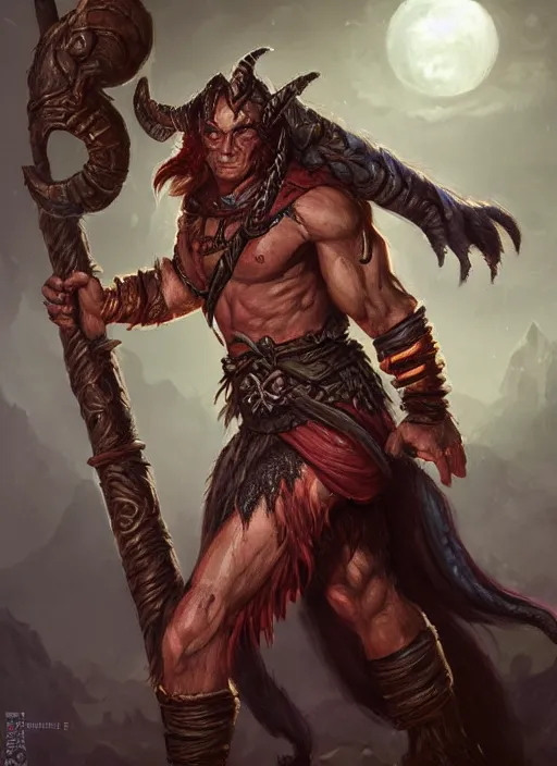 Image similar to tiefling barbarian, ultra detailed fantasy, dndbeyond, bright, colourful, realistic, dnd character portrait, full body, pathfinder, pinterest, art by ralph horsley, dnd, rpg, lotr game design fanart by concept art, behance hd, artstation, deviantart, hdr render in unreal engine 5