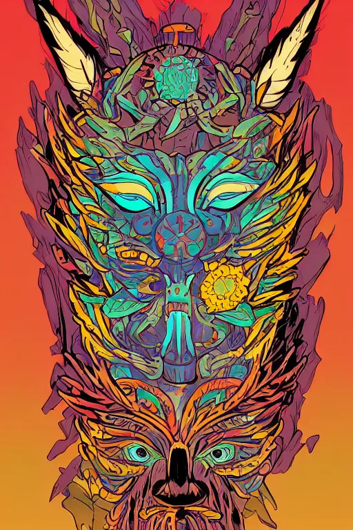 Image similar to animal mask totem roots flower tribal feather gemstone plant wood rock shaman vodoo video game vector cutout illustration vivid multicolor borderlands comics by josan gonzales and dan mumford radiating a glowing aura