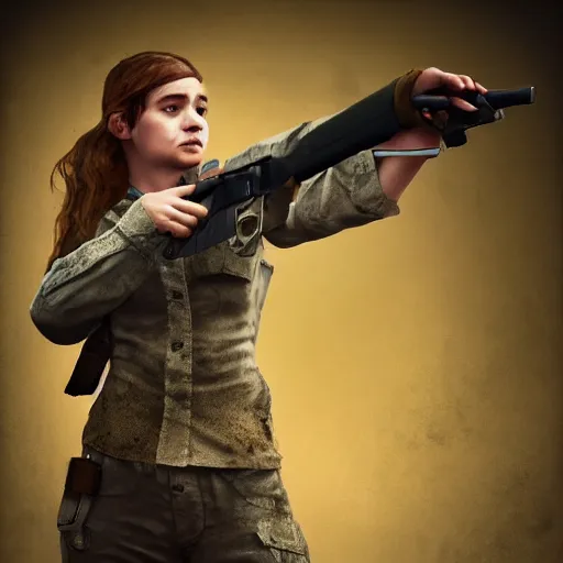 Prompt: a girl in a post - military uniform made of rags holds a revolver in her hands, the concept of a game character here, digital art, many details, super realistic, high quality, 8 k,