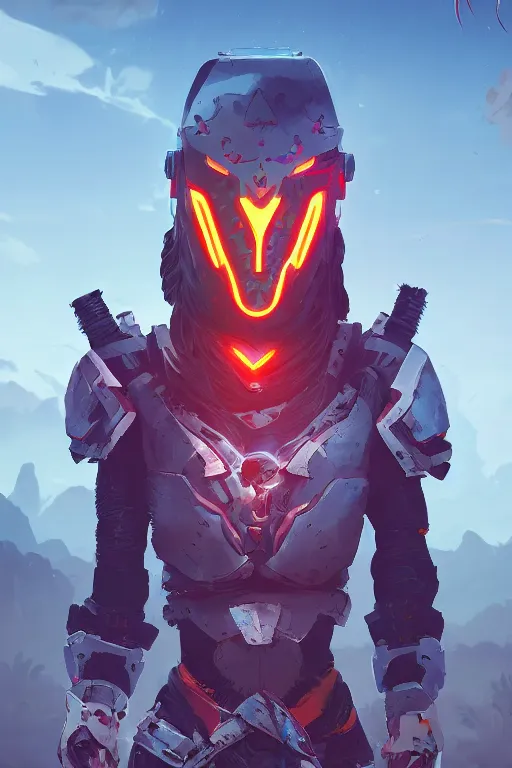 Image similar to combination suit armor aloy horizon forbidden west horizon zero dawn radiating a glowing aura global illumination ray tracing hdr fanart arstation by ian pesty and alena aenami artworks in 4 k tribal robot ninja mask helmet backpack