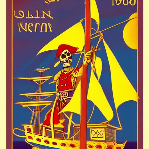 Prompt: Orc Pirate, Golden sails pirate ship. Islamic Propaganda poster, 1991