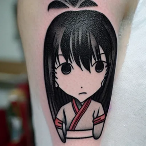 Image similar to Shoujo ai manga style japanese ninja schoolgirl by Hayao Miyazaki, studio ghibli, sakura festival, tattoo on upper arm