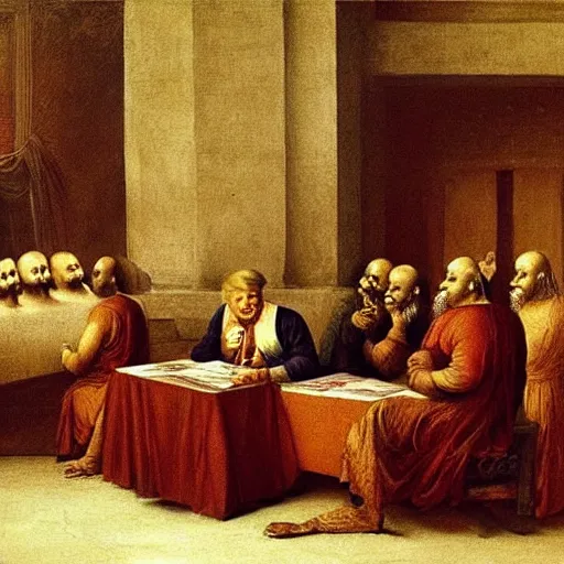 Prompt: a beautiful painting of donald trump being one of the consultants in an indian scam center, by leonardo da vinci, ultra - detailed, 8 k