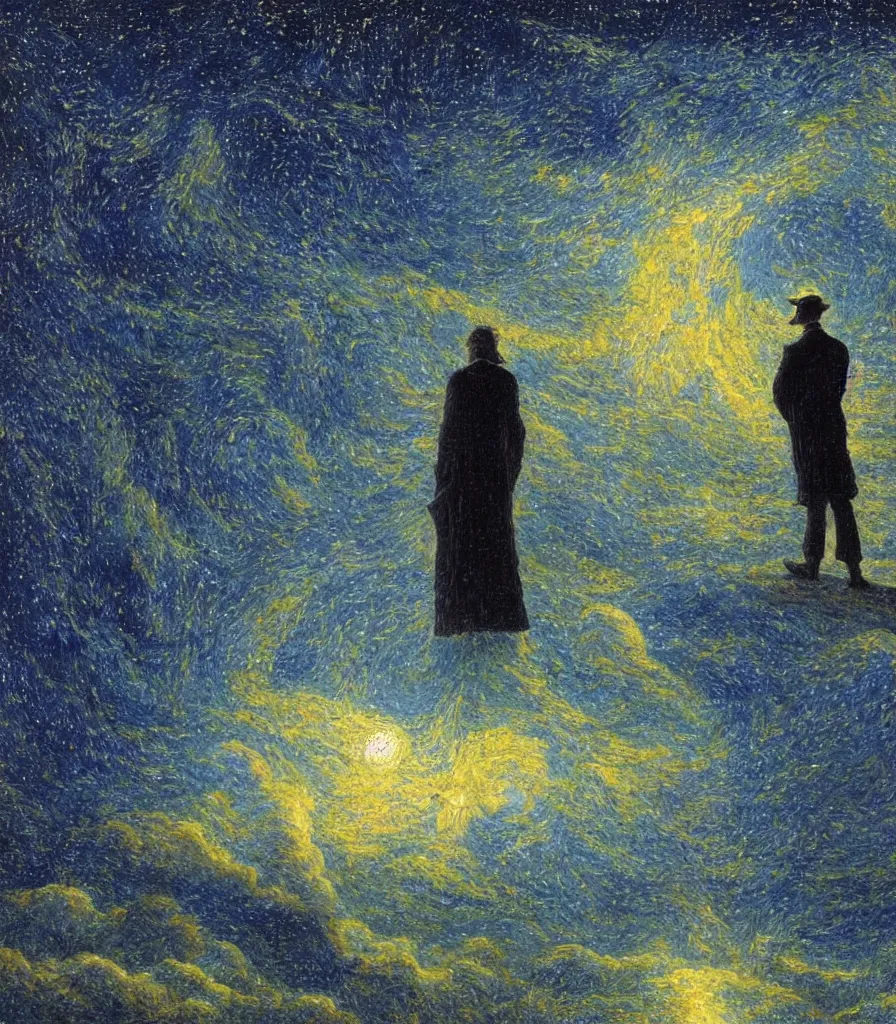 Prompt: an impasto oil painting of a futuristic wanderer gazing into a the universe painted by caspar david friedrich, light colors, starts, galaxy, pointilism