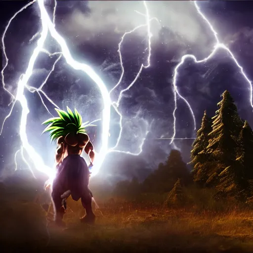 Image similar to photorealistic full shot of Broly at moonlight, lightning bolt, apocalyptic background, by Akira Toriyama, high detail, unreal engine 4k volumetric light, fog,