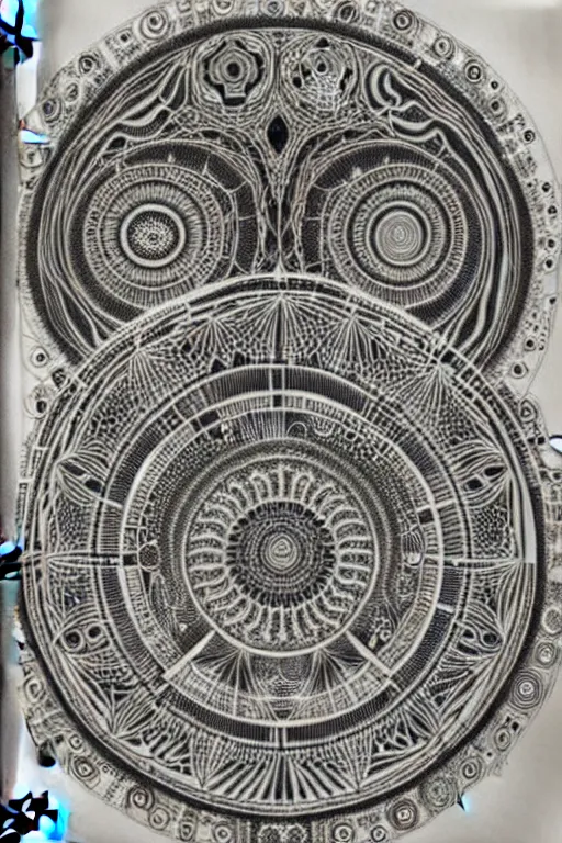 Image similar to a black and white drawing of chakra mandala ancient stargate portal, bioluminescence, a detailed mixed media collage by eduardo paolozzi and ernst haeckel, intricate linework, sketchbook psychedelic doodle comic drawing, geometric, deconstructivism, matte drawing, academic art, constructivism