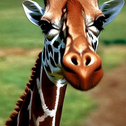 Prompt: film still of a giraffe asking you to play