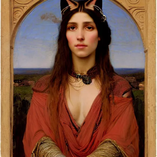 Prompt: orientalist portrait of an olive - skinned witch with cat ears in a sandstone intricate portrait by john william waterhouse and edwin longsden long and theodore ralli and henryk siemiradzki and wlop, very coherent symmetrical artwork. cinematic, hyper realism, high detail 8 k