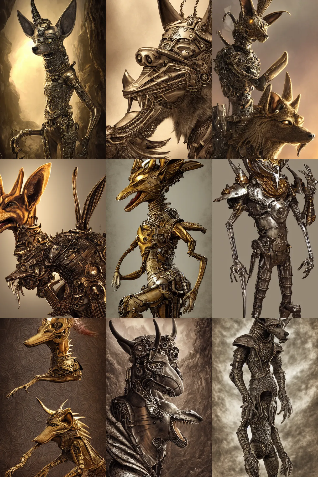 Prompt: full body!! and head!!!! anthropomorphic jackal wearing steampunk armor, beautiful natural rim light, intricate, fantasy, anubis, elegant, hyper realistic, photo realistic, ultra detailed, concept art, octane render, beautiful natural soft rim light, silver details, elegant, ultra detailed, dustin panzino, giger, mucha