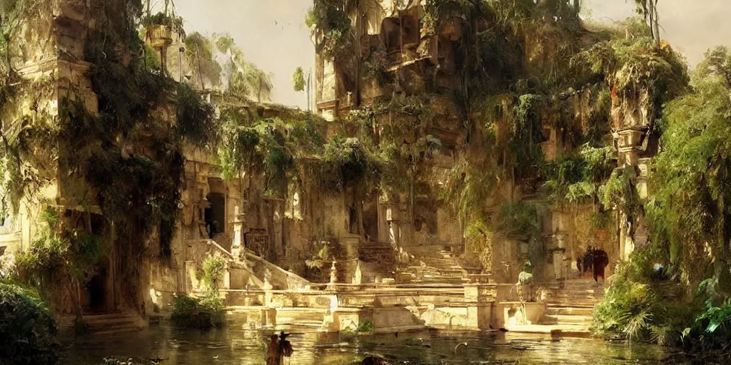 Image similar to beautiful landscape oil matte painting, of ancient hanging gardens of babylon, art by anders zorn, wonderful masterpiece by greg rutkowski, beautiful cinematic light, american romanticism, by thomas lawrence, greg rutkowski