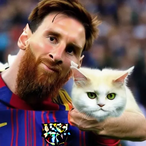 Image similar to Leo Messi is looking at a cute ragdoll cat