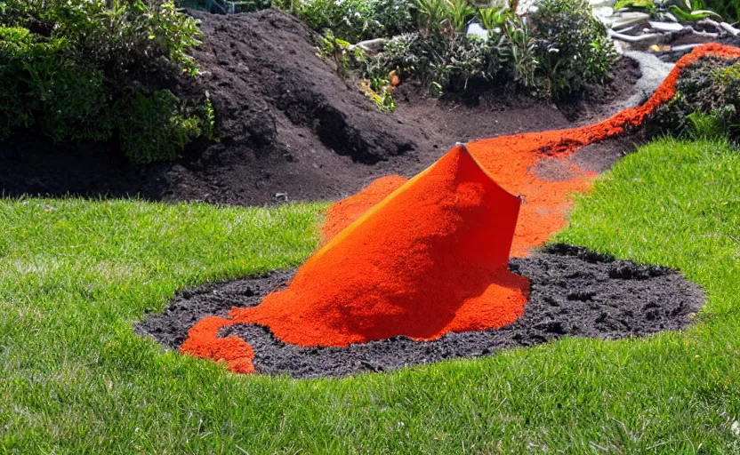 Image similar to miniature cone volcano erupting with streams of lava in a suburban yard, ground level