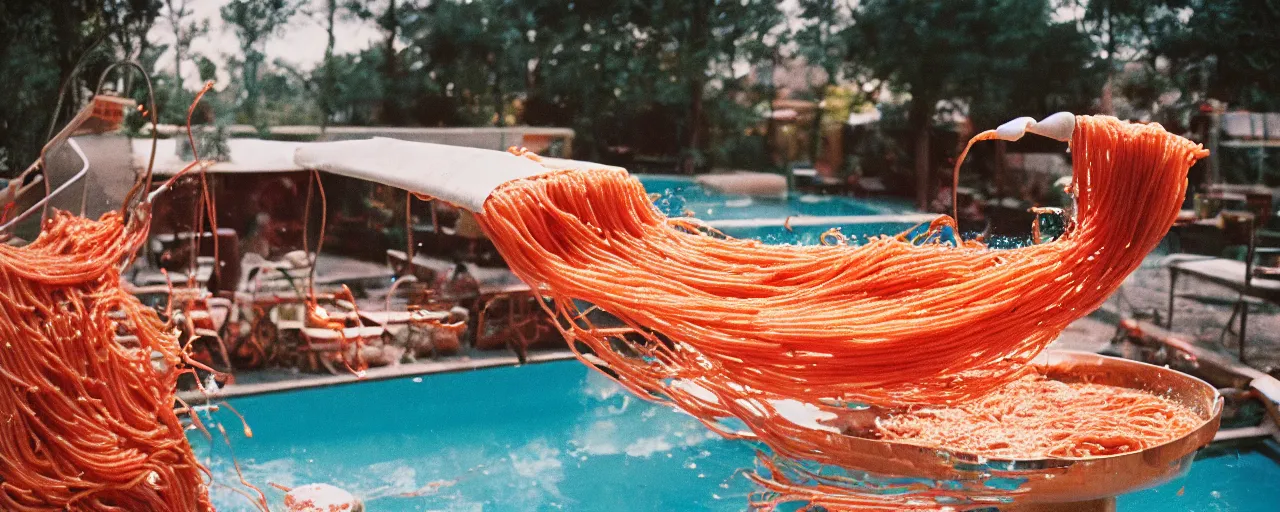 Image similar to a pool filled with spaghetti, marinara sauce coming down a slide, party, canon 5 0 mm, cinematic lighting, photography, retro, film, kodachrome