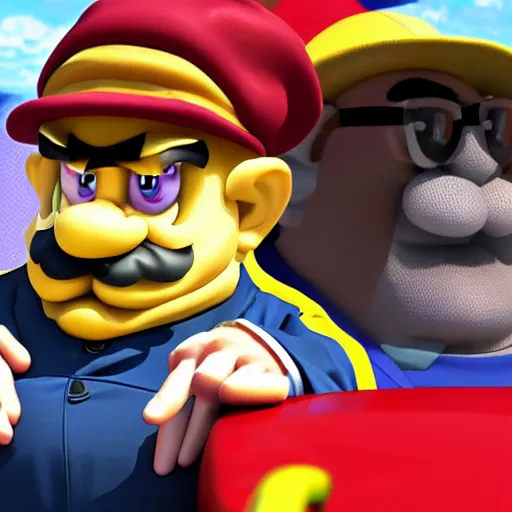 Image similar to wario as a shady car salesman, realistic, 4 k, hd.