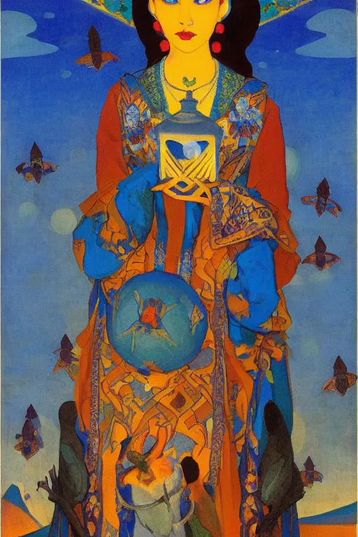 Prompt: queen of the dawn with her lantern and birds, by Nicholas Roerich, elaborate headdress and embroidered velvet, iridescent beetles, rich color, dramatic cinematic lighting, extremely detailed