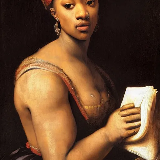 Prompt: a renaissance portrait painting of megan thee stallion, in the style of rembrandt van rijn & caravaggio