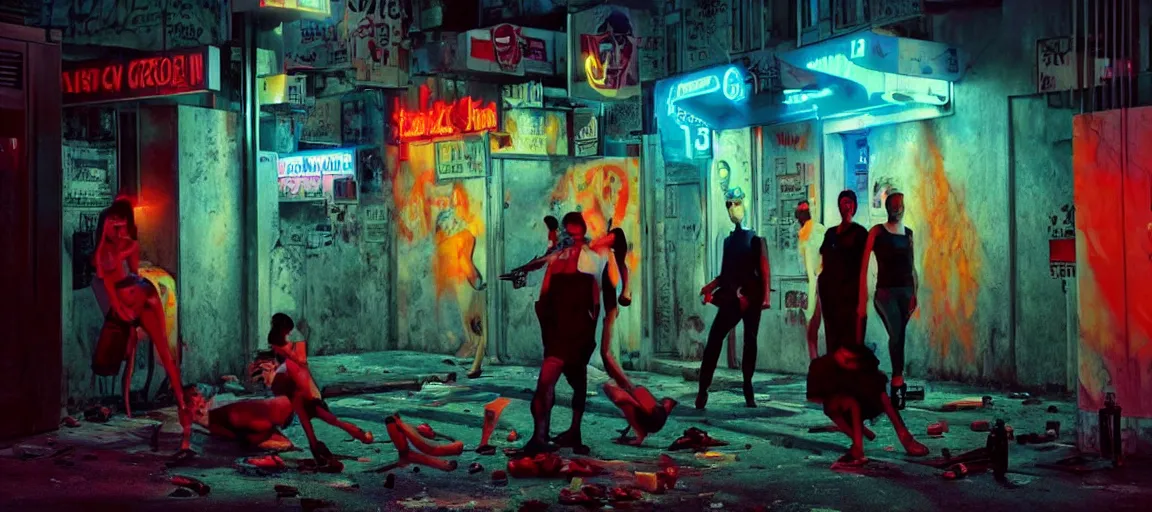 Prompt: weird and disturbing portrait of violent crime in the streets of tel aviv, vivid colors, neon, art by gregory crewdson and artgerm and wlop and william - adolphe bouguereau
