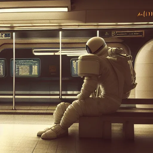 Image similar to a beautiful photo of an astronaut waiting in a subway, 1970', soft light, morning light, photorealistic, realistic, octane, 8k, cinematic shot