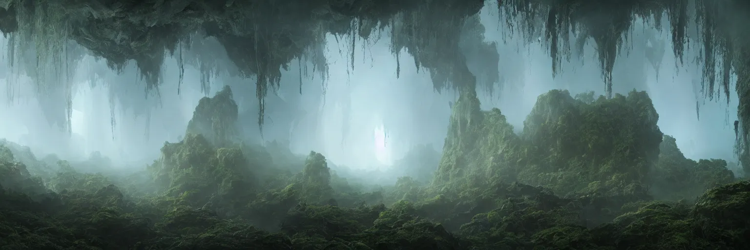 Prompt: photo an overgrown deep underground cave on aalien planet with a lush overgrown jungle of beautiful ancient alien trees, monolithic structures emitting cosmic astral energy, giant spider webs hanging from the cave ceiling nebula fog and cosmic mist, 4 k rtx hdr volume light concept studio matte painting environment octane, ue 5, photorealistic render trending on artstation