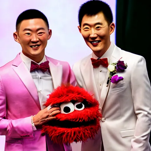 Image similar to cookie monster marrying justin sun, professional gay wedding photography