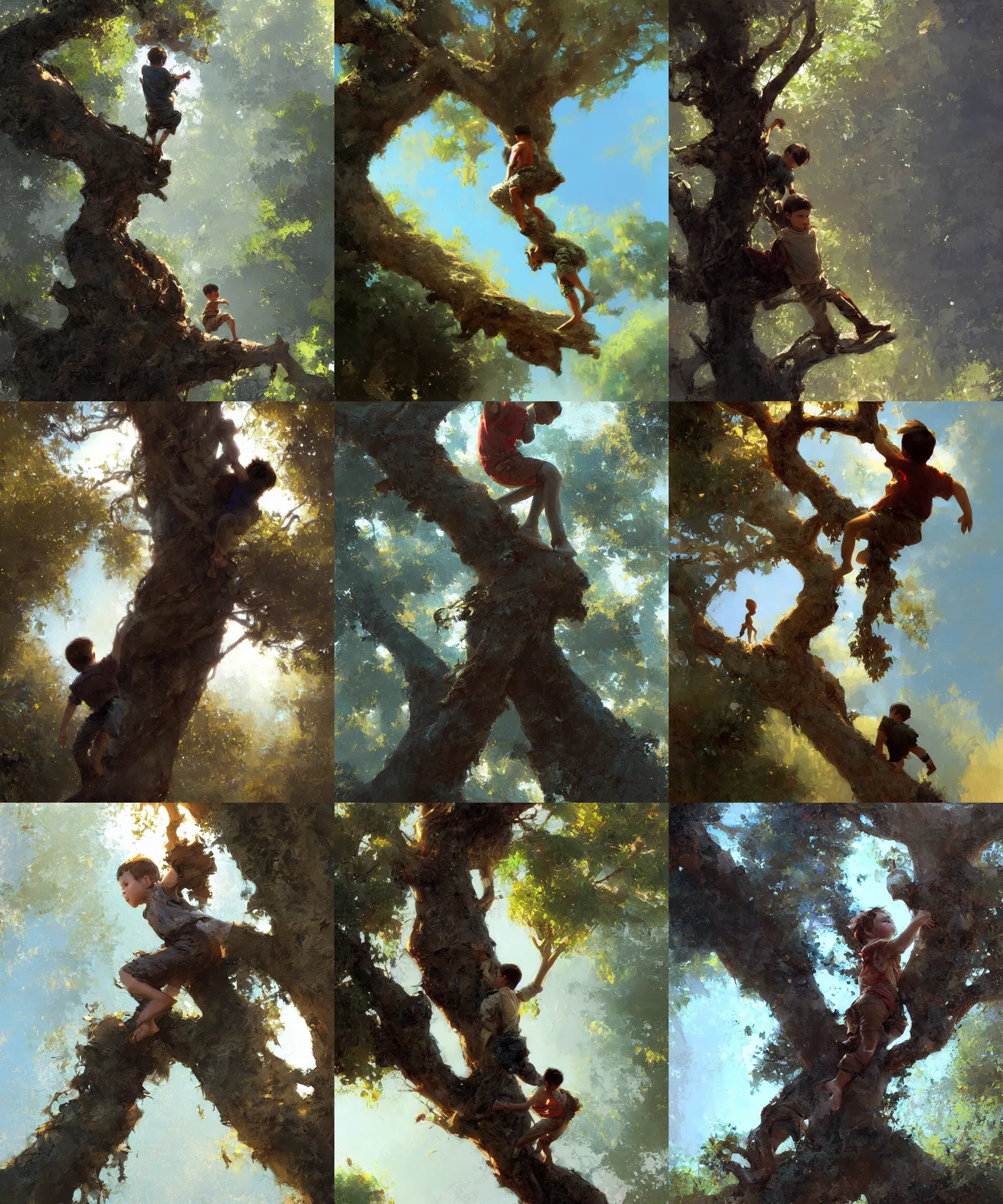 Prompt: digital art painting of a young boy climbing a tree painted by craig mullins and gaston bussiere and greg rutkowski, dramatic lighting