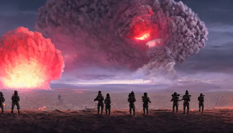 Image similar to troops on sand hill watching nuclear explosion on las vegas in the distance, nuclear cloud, hyperdetailed, artstation, cgsociety, 8 k