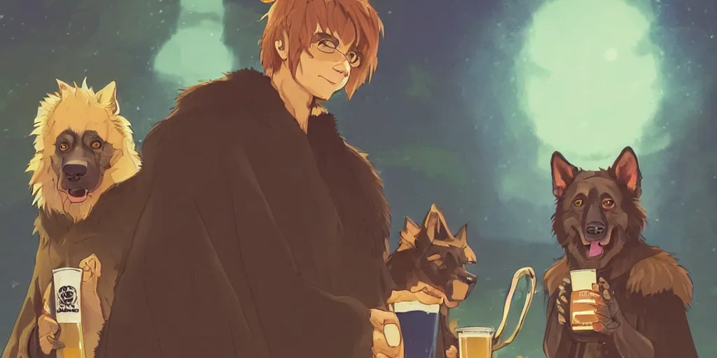 Image similar to a two german shepherds beast - men, holding a mug of beer, a lot of pockets, fur cape, tavern background, magical, bright, colorful, fantastic lighting, amazing details, 4 k uhd, illustration by hayao miyazaki and makoto shinkai and ilya kuvshinov, artstation, pixiv,