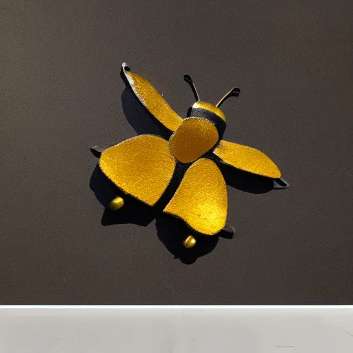 Prompt: metallic bumblebee flying over tulip made from rusty iron, studio photo, very detailed, spot lighting