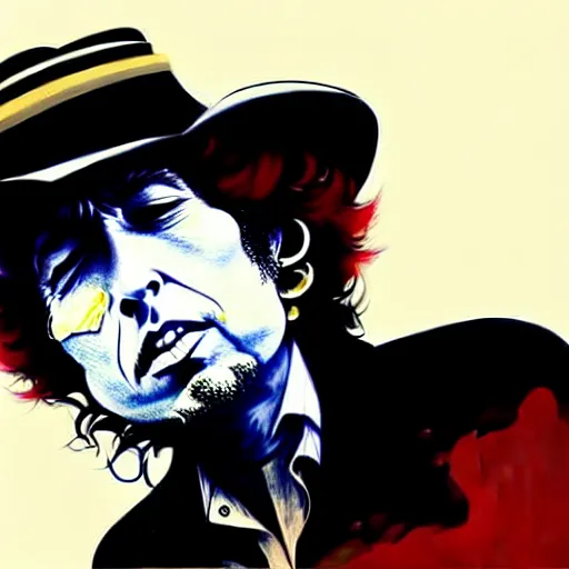 Image similar to an ultradetailed painting of bob dylan wearing a cowboy hat and smirking by conrad roset, greg rutkowski and makoto shinkai trending on artstation